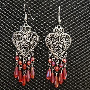 Antique silver heart and light red glass crystal chandelier earrings